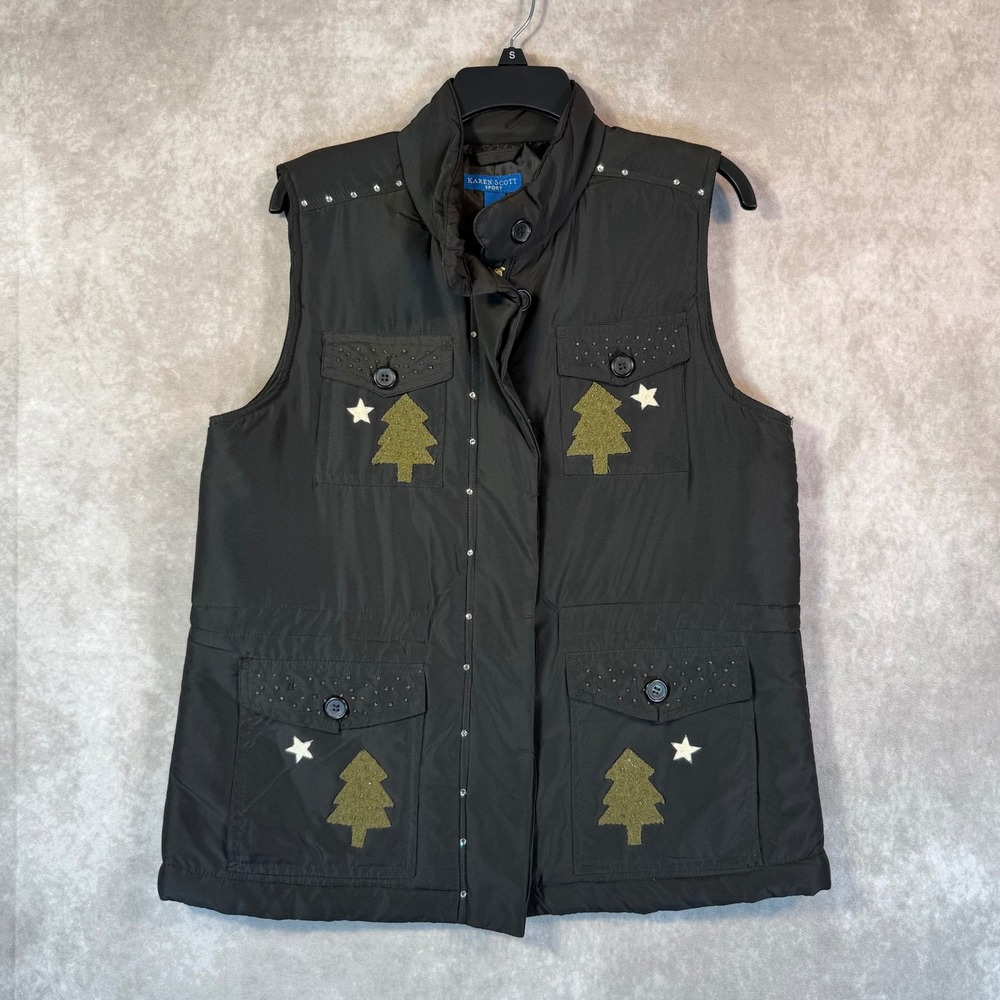 Karen Scott Sport Vest Women Medium Black Festive Christmas Tree Rhinestone Zip